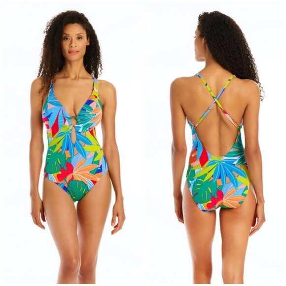 💕BLEU ROD BEATTIE💕 Life Of The Party Plunge Neck One Piece Swimsuit ~ 6 NWT - Picture 1 of 13